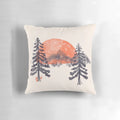 Soft, plush pillow featuring a snowy mountain landscape with a fox in a winter forest, inspired by the "First Snow" watercolor painting.