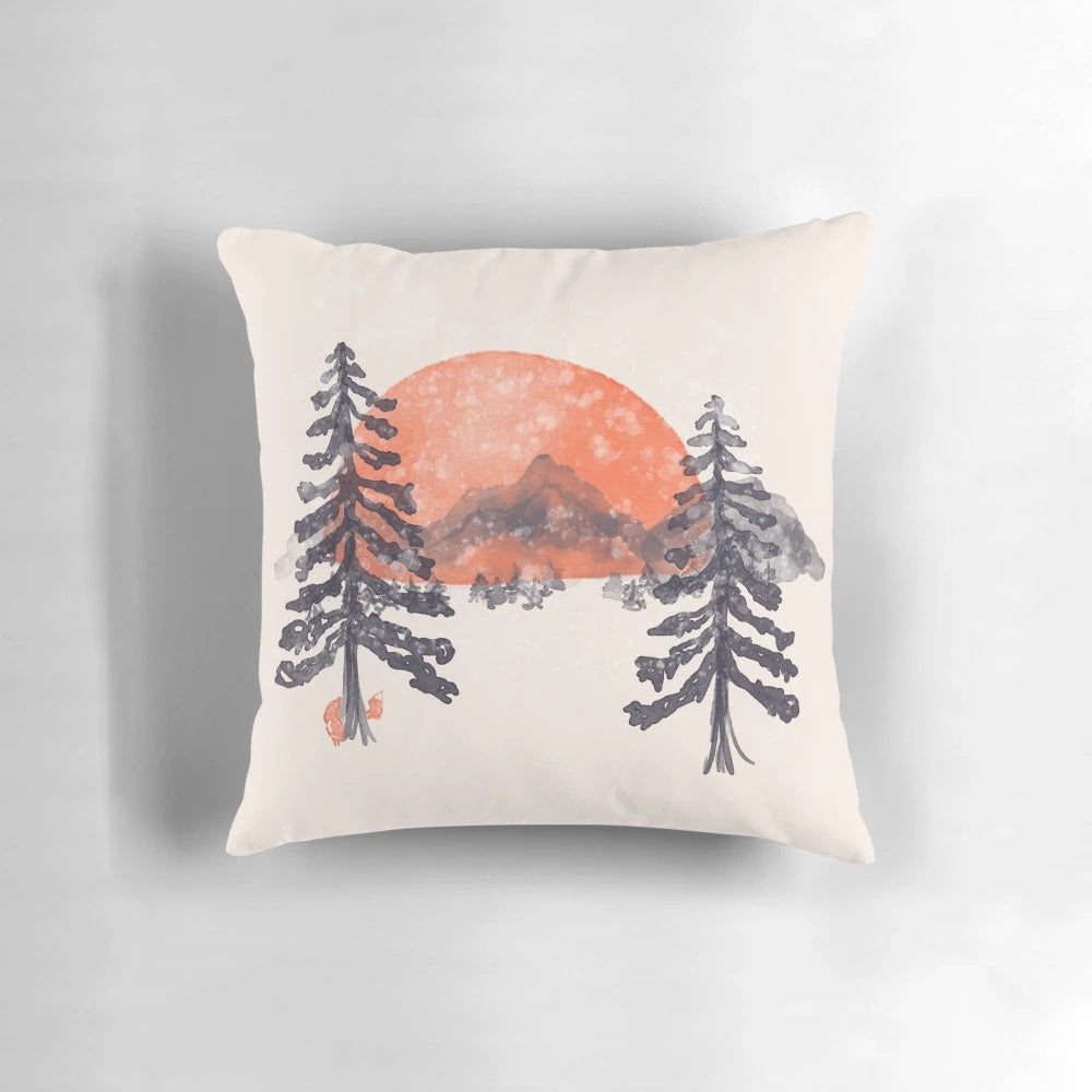 Soft, plush pillow featuring a snowy mountain landscape with a fox in a winter forest, inspired by the "First Snow" watercolor painting.