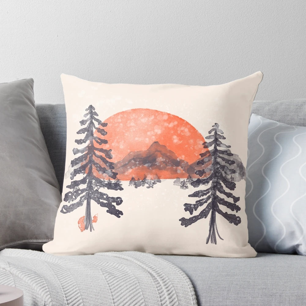 Soft, plush pillow featuring a snowy mountain landscape with a fox in a winter forest, inspired by the "First Snow" watercolor painting.