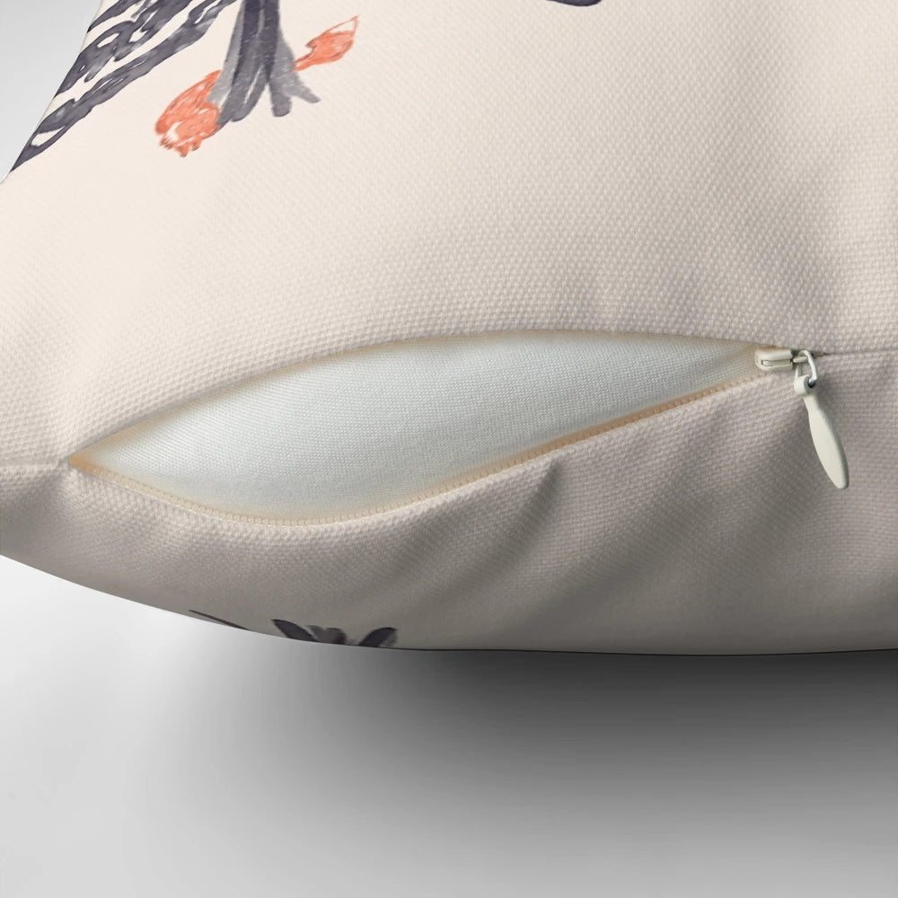 Soft, plush pillow featuring a snowy mountain landscape with a fox in a winter forest, inspired by the "First Snow" watercolor painting.
