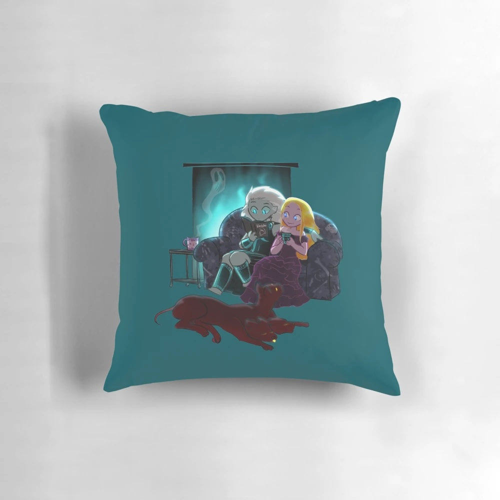 Cozy winter night pillow featuring mythological Greek characters like Hades, Persephone, and Cerberus