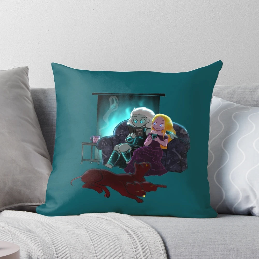 Cozy winter night pillow featuring mythological Greek characters like Hades, Persephone, and Cerberus
