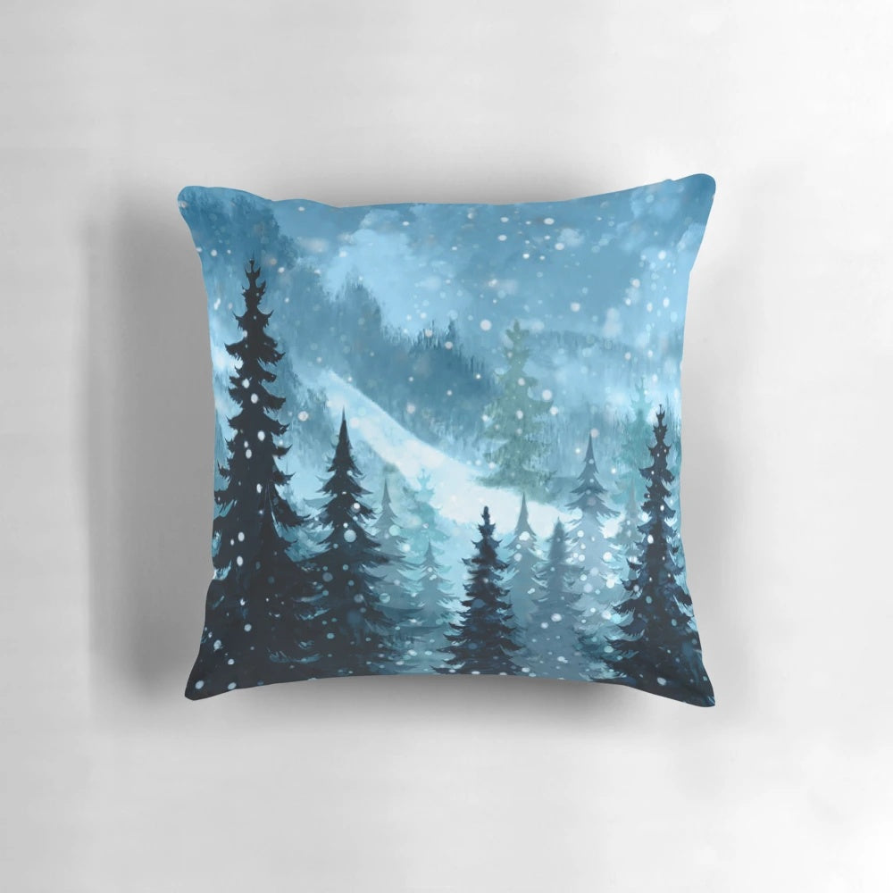 A soft, plush pillow featuring a beautiful watercolor winter landscape with a snowy forest, mountains, and a night sky.