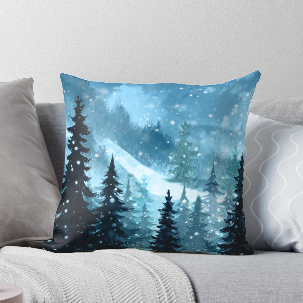 A soft, plush pillow featuring a beautiful watercolor winter landscape with a snowy forest, mountains, and a night sky.