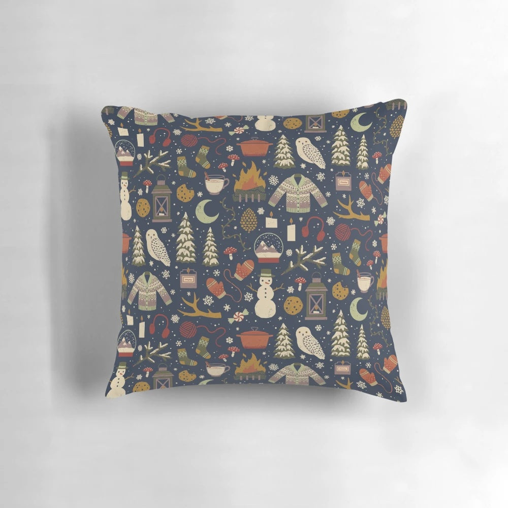 Handmade winter pillow with knitted owl, mittens, and snowglobe design