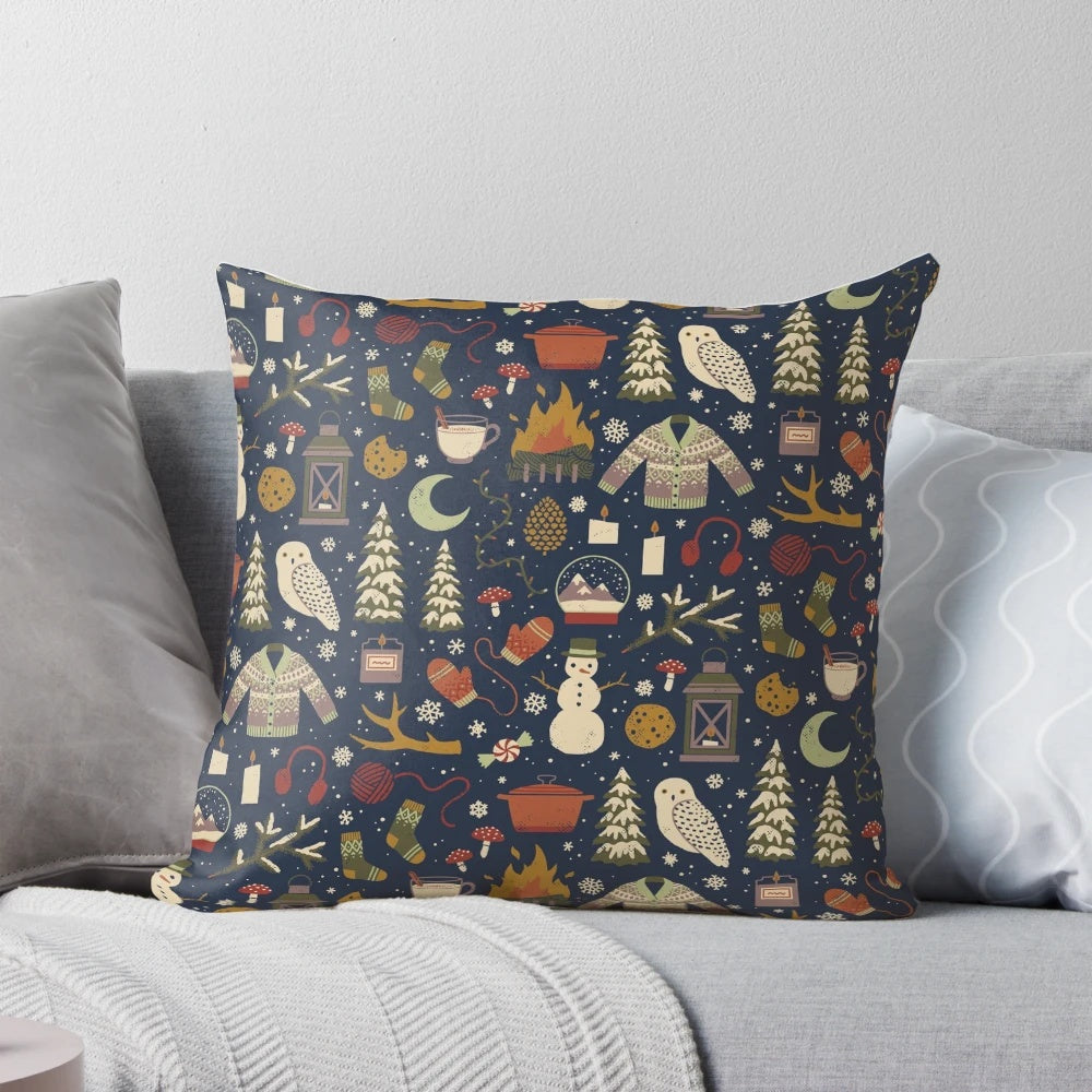 Handmade winter pillow with knitted owl, mittens, and snowglobe design