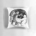 A cozy winter-themed pillow featuring a snowy scene and literary-inspired imagery