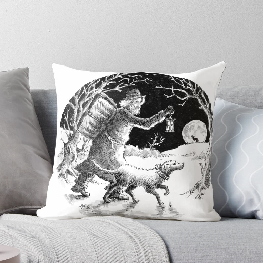A cozy winter-themed pillow featuring a snowy scene and literary-inspired imagery