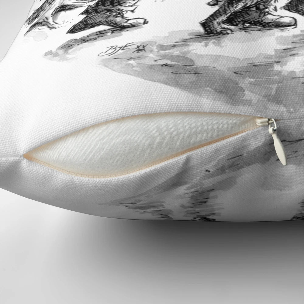 A cozy winter-themed pillow featuring a snowy scene and literary-inspired imagery