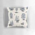Decorative winter pillow featuring an illustration of woodland animals like foxes, bears, and birds in a snowy forest scene.