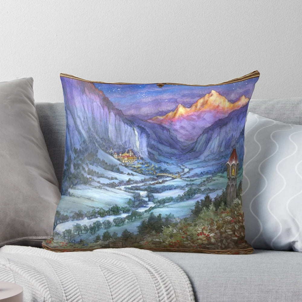 Decorative winter pillow featuring a snowy landscape of the Lauterbrunnen valley in the Swiss Alps