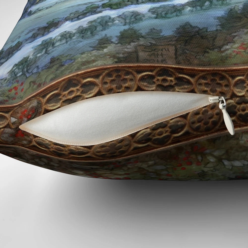 Decorative winter pillow featuring a snowy landscape of the Lauterbrunnen valley in the Swiss Alps