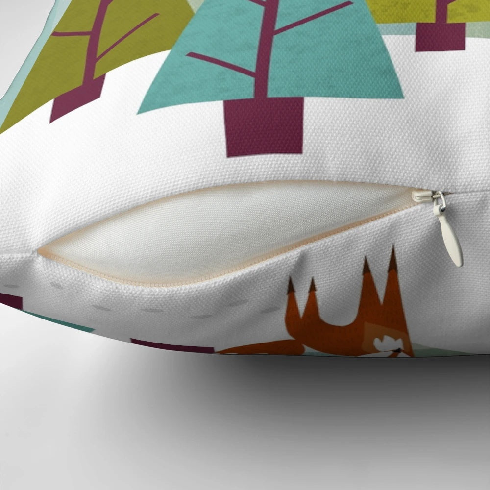 Plush winter pillow featuring a snowy forest scene with a cute fox and holiday-inspired colors