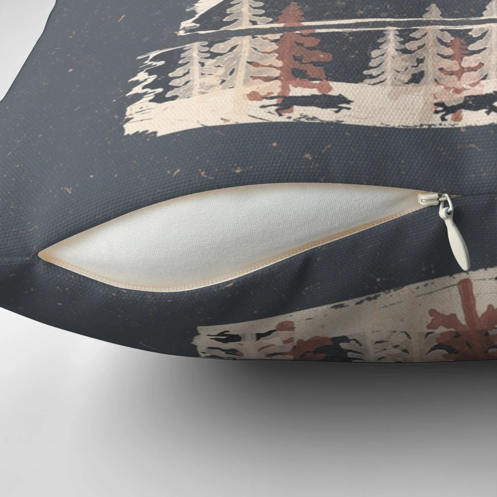 Pillow with a scenic winter landscape design featuring mountains, trees, and wildlife.