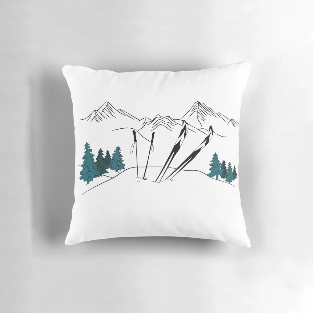 A plush, decorative pillow featuring a winter sports scene with snow-covered hills and skiers.