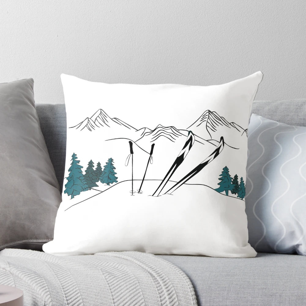 A plush, decorative pillow featuring a winter sports scene with snow-covered hills and skiers.