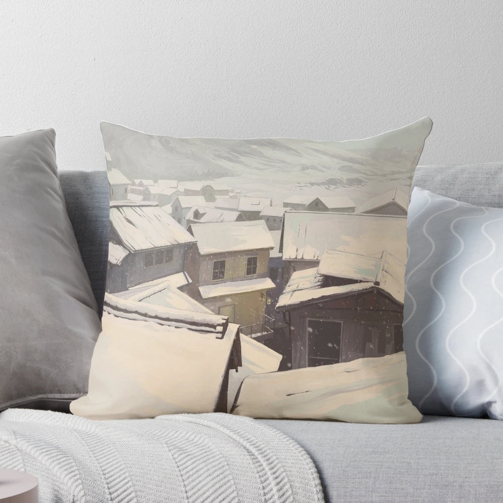 Cozy winter town landscape with snow-covered houses on a Pillow