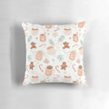 Cozy winter-themed pastel illustration pillow with hot chocolate, gingerbread, candy canes, and snowflakes
