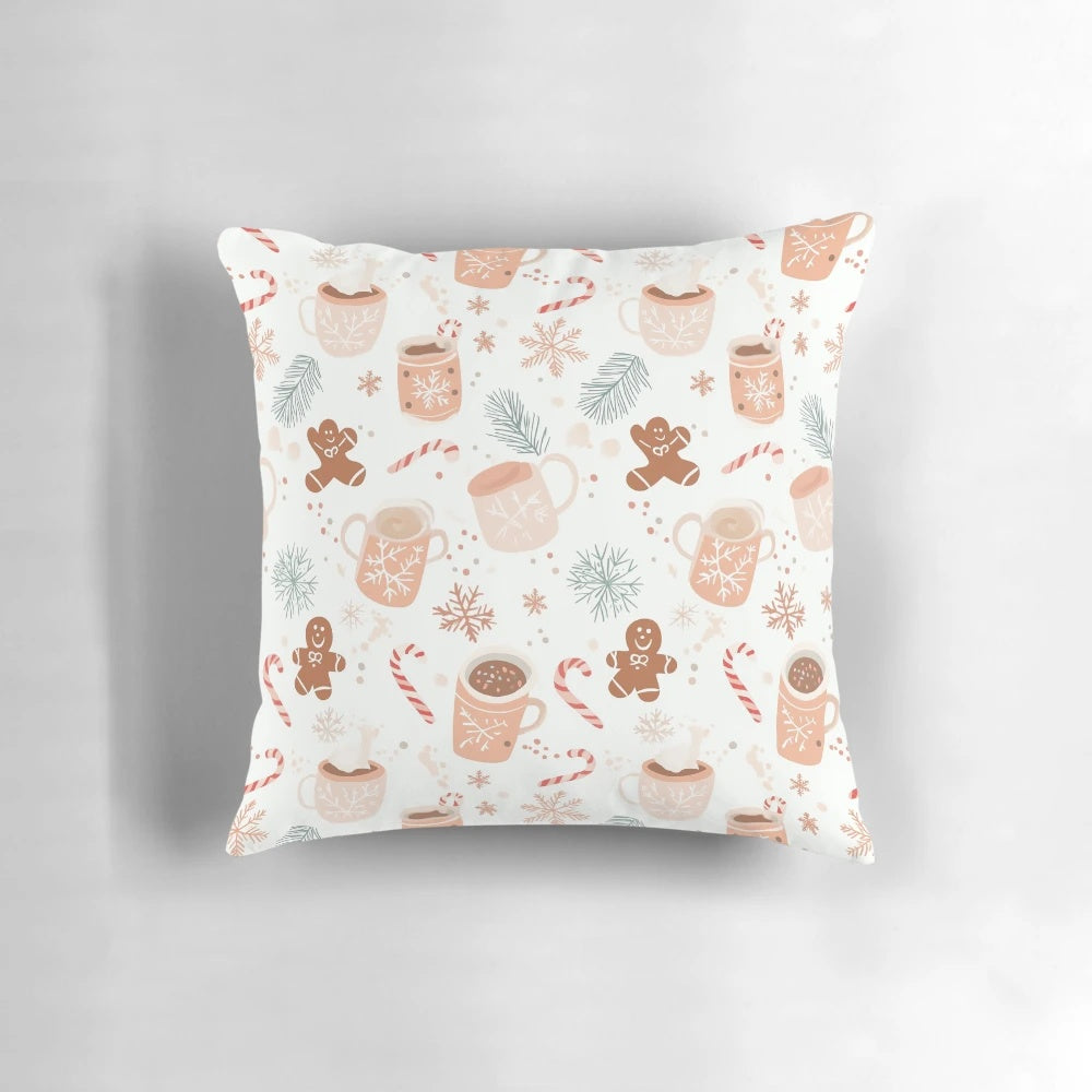 Cozy winter-themed pastel illustration pillow with hot chocolate, gingerbread, candy canes, and snowflakes
