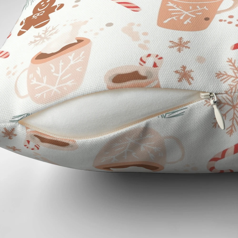 Cozy winter-themed pastel illustration pillow with hot chocolate, gingerbread, candy canes, and snowflakes