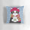Cozy, winter-themed pillow featuring a tuxedo cat surrounded by coffee and snowflakes, perfect for cat lovers.