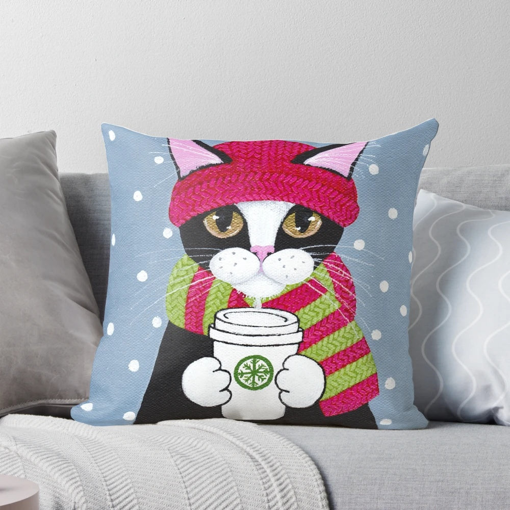 Cozy, winter-themed pillow featuring a tuxedo cat surrounded by coffee and snowflakes, perfect for cat lovers.