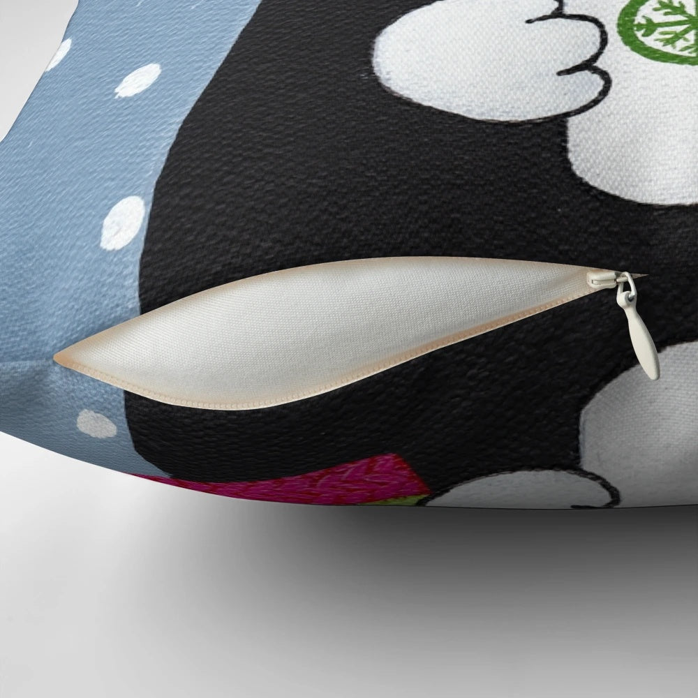 Cozy, winter-themed pillow featuring a tuxedo cat surrounded by coffee and snowflakes, perfect for cat lovers.