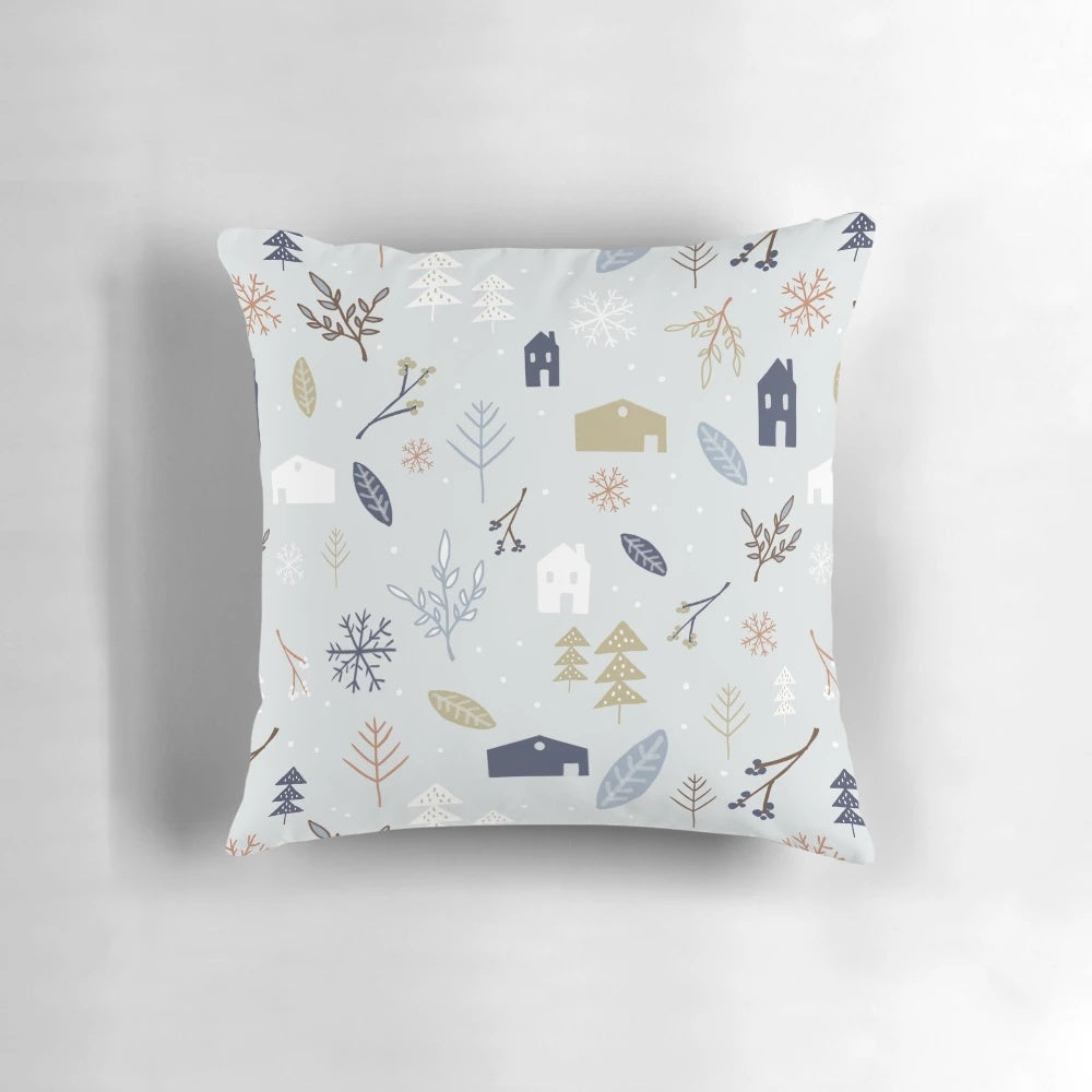 A plush, high-quality winter village throw pillow with a snowy, nature-inspired design perfect for holiday home decor.