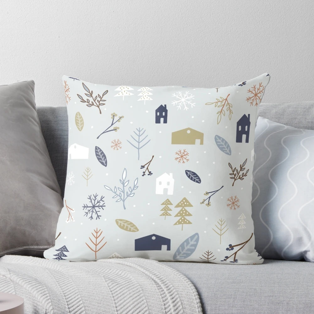A plush, high-quality winter village throw pillow with a snowy, nature-inspired design perfect for holiday home decor.