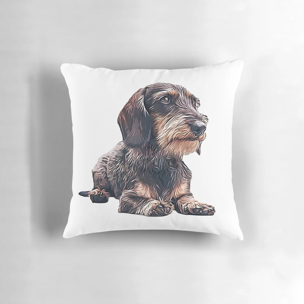 Soft, plush pillow featuring a wire haired dachshund design