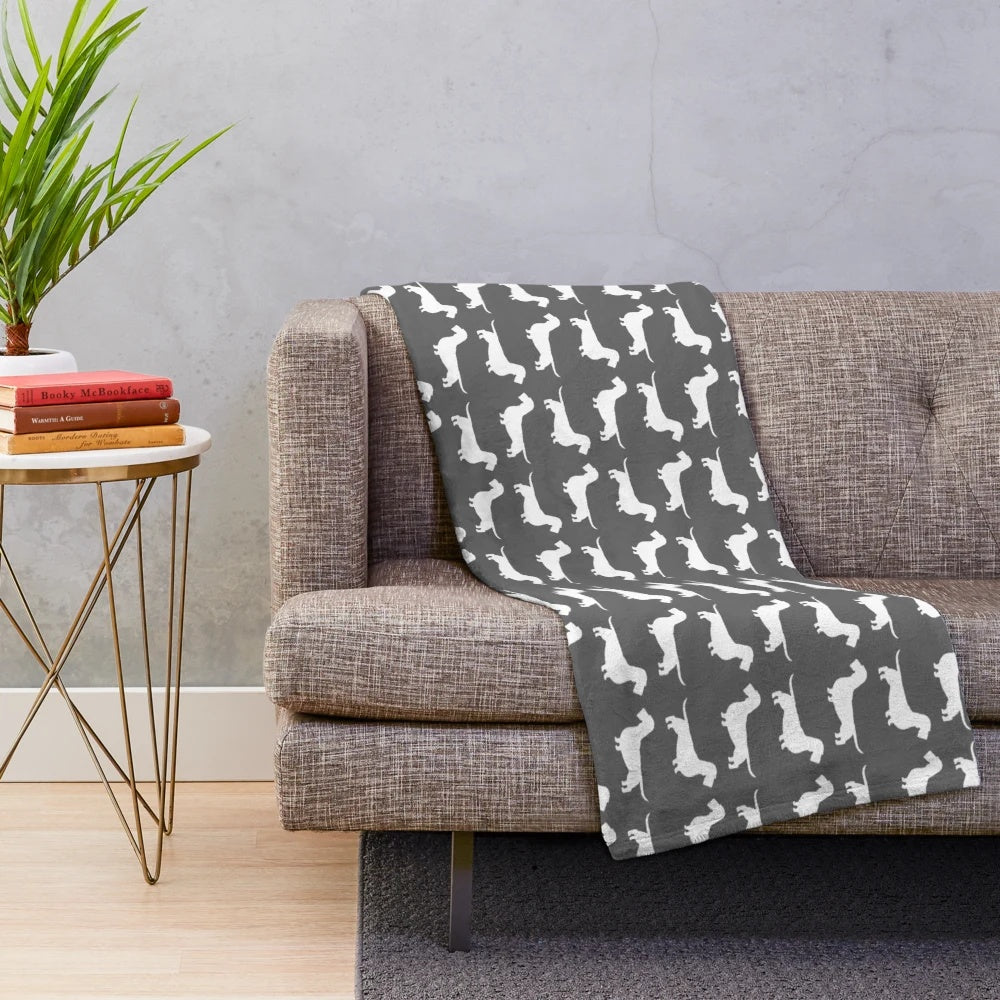 Wire haired dachshund plush blanket with white wiener dog silhouette
