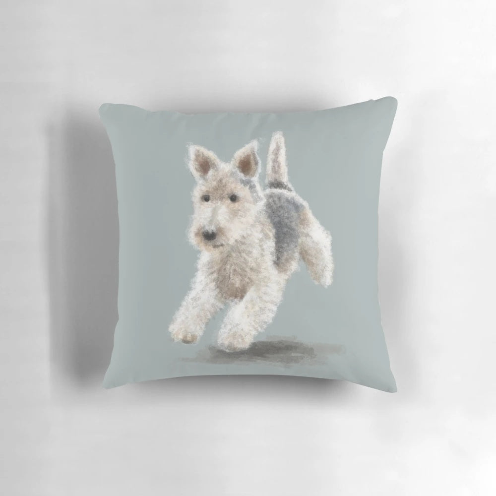Soft, plush pillow featuring a realistic wire-haired fox terrier design