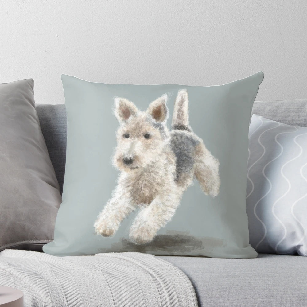 Soft, plush pillow featuring a realistic wire-haired fox terrier design