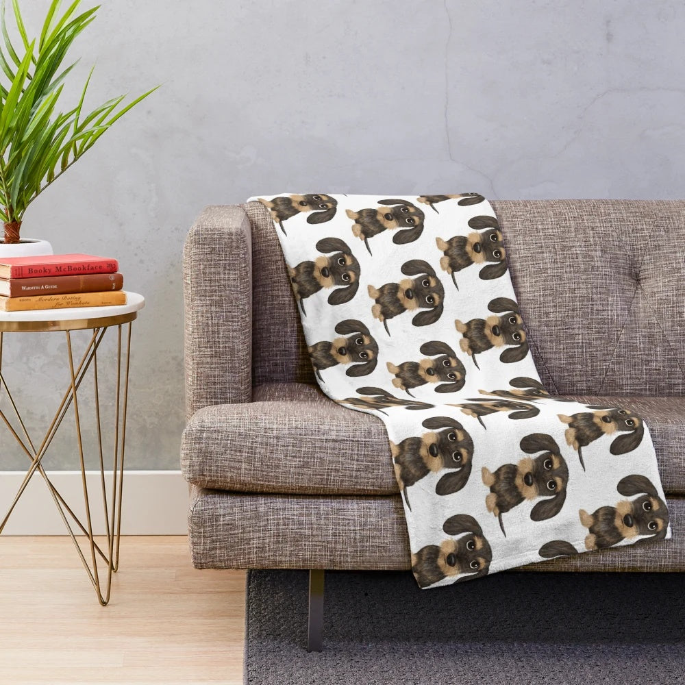 Soft and cuddly plush blanket featuring a wirehaired dachshund design