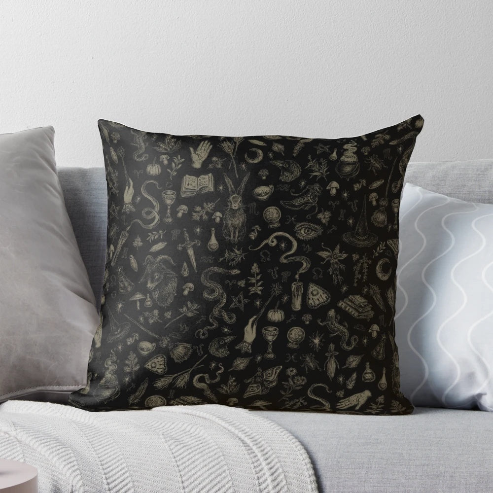 Black and beige pillow featuring a witch-themed design, perfect for adding a touch of spooky magic to your home.