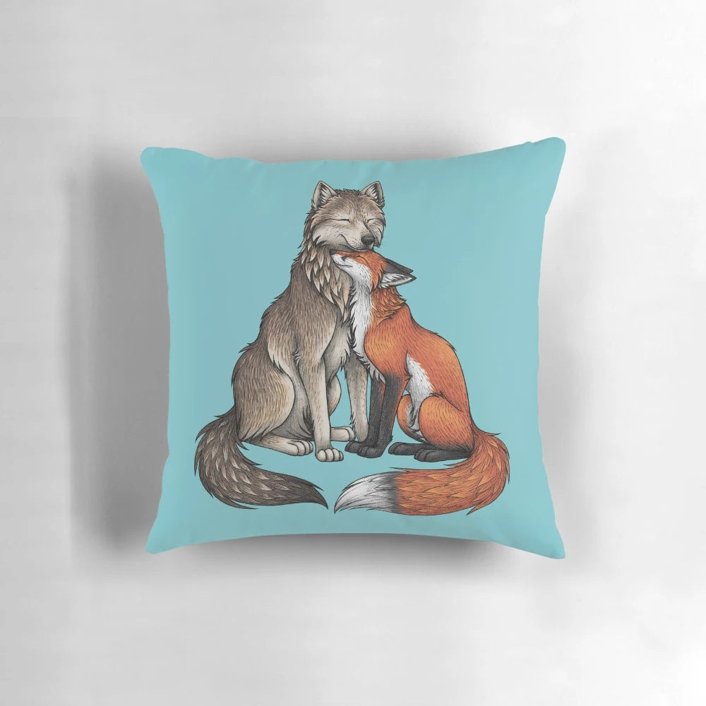 Soft, plush pillow featuring an illustration of a wolf and a fox cuddling together in a romantic, nature-inspired design.