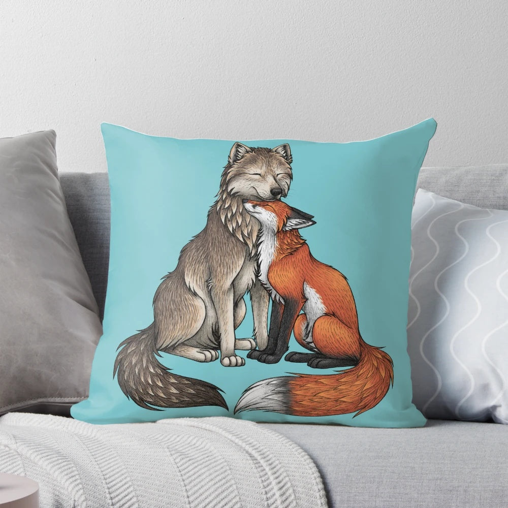 Soft, plush pillow featuring an illustration of a wolf and a fox cuddling together in a romantic, nature-inspired design.