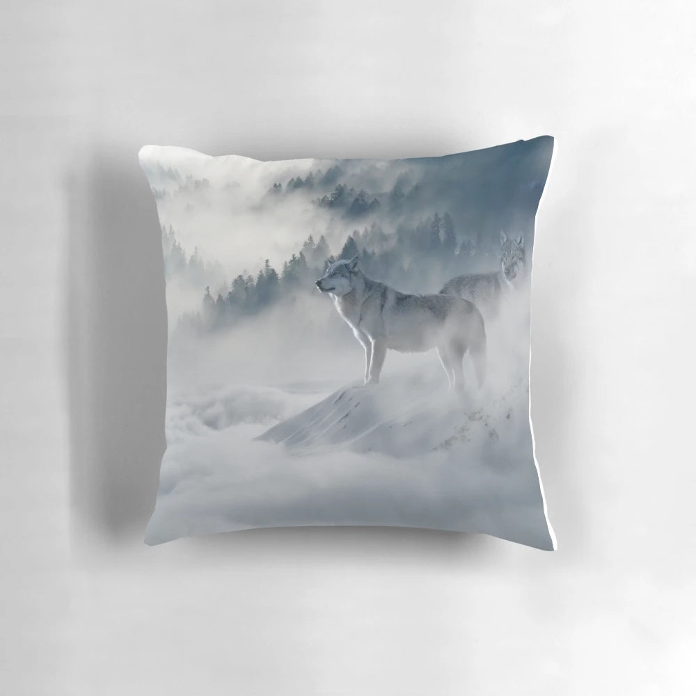 Soft and snuggly wolf pack pillow featuring a pack of wolves in a snowy forest