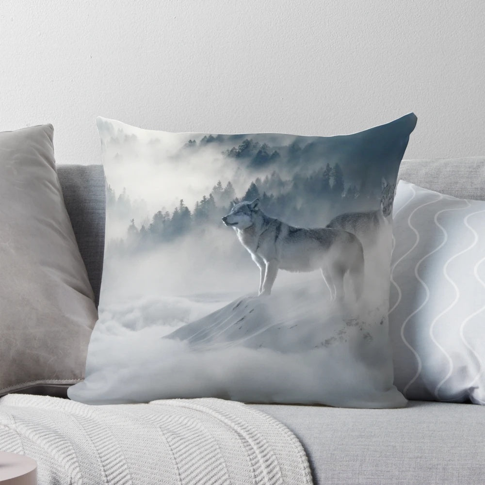 Soft and snuggly wolf pack pillow featuring a pack of wolves in a snowy forest