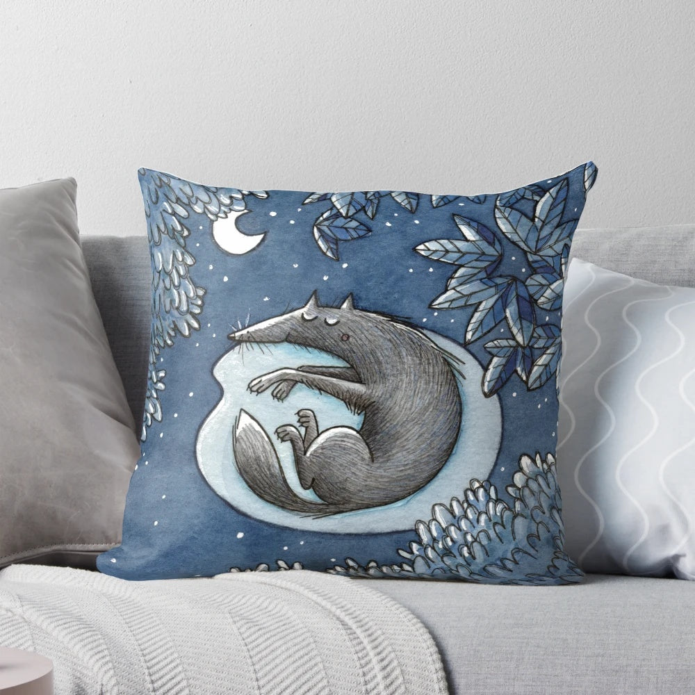 A plush, nature-inspired pillow featuring a wolf design against a starry night sky background.