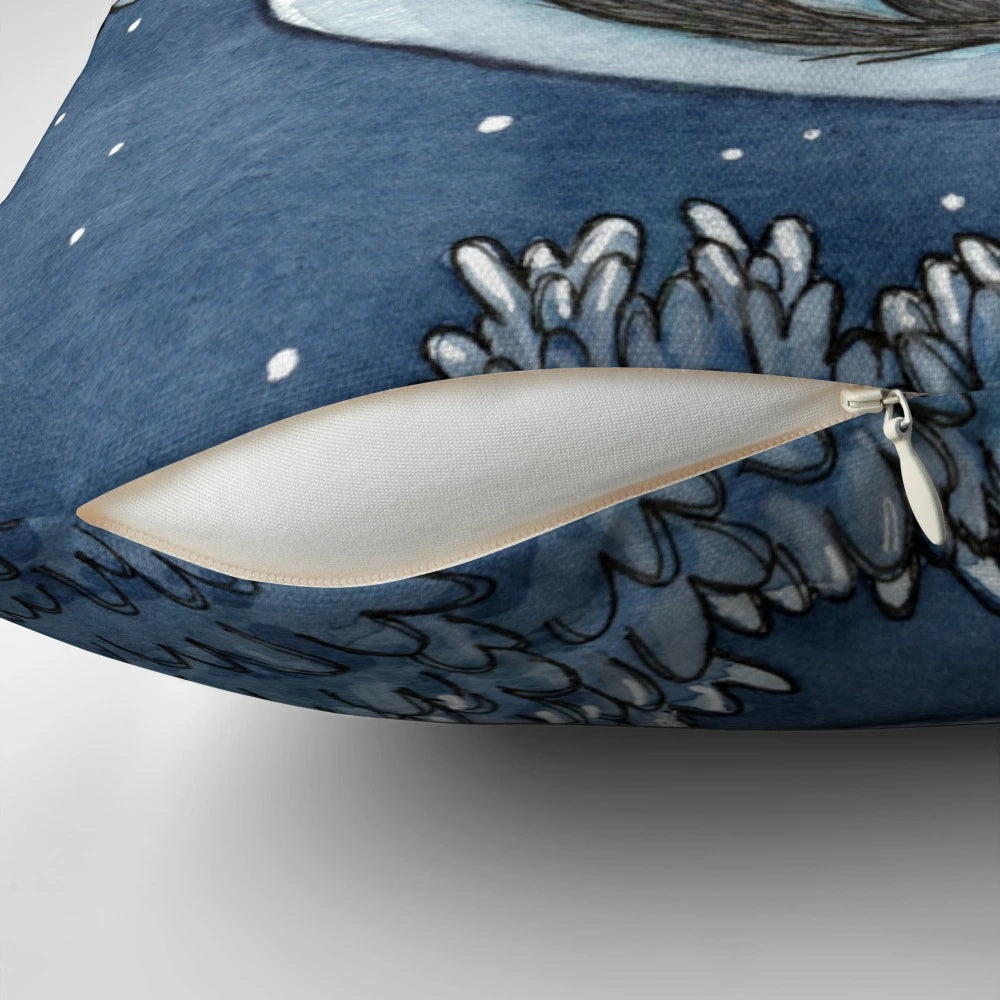 A plush, nature-inspired pillow featuring a wolf design against a starry night sky background.