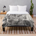 Soft and cuddly wolf plush blanket featuring a monochrome pencil drawing of a timber wolf in a forest landscape