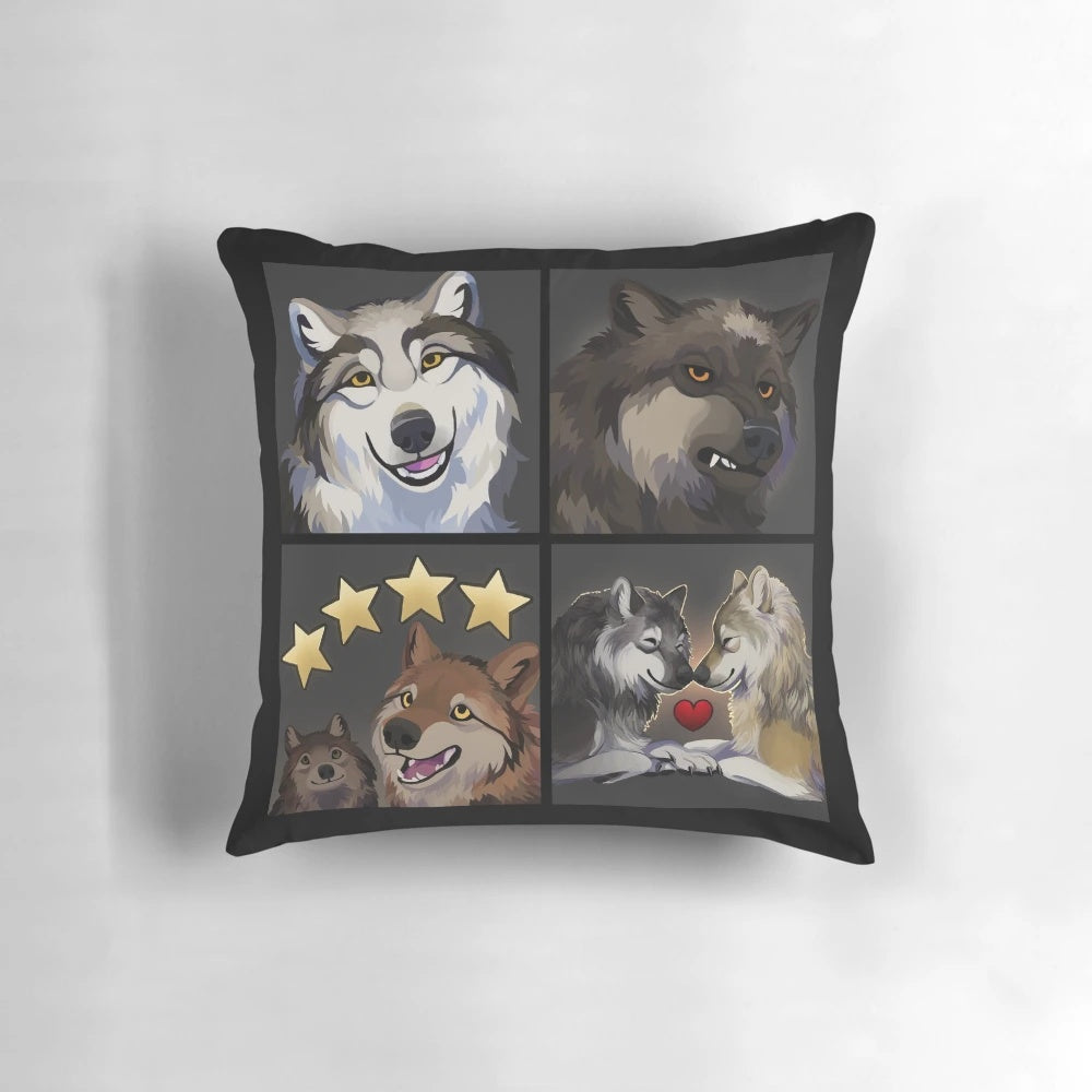 Soft, plush wolf themed pillow with illustrated wolf design