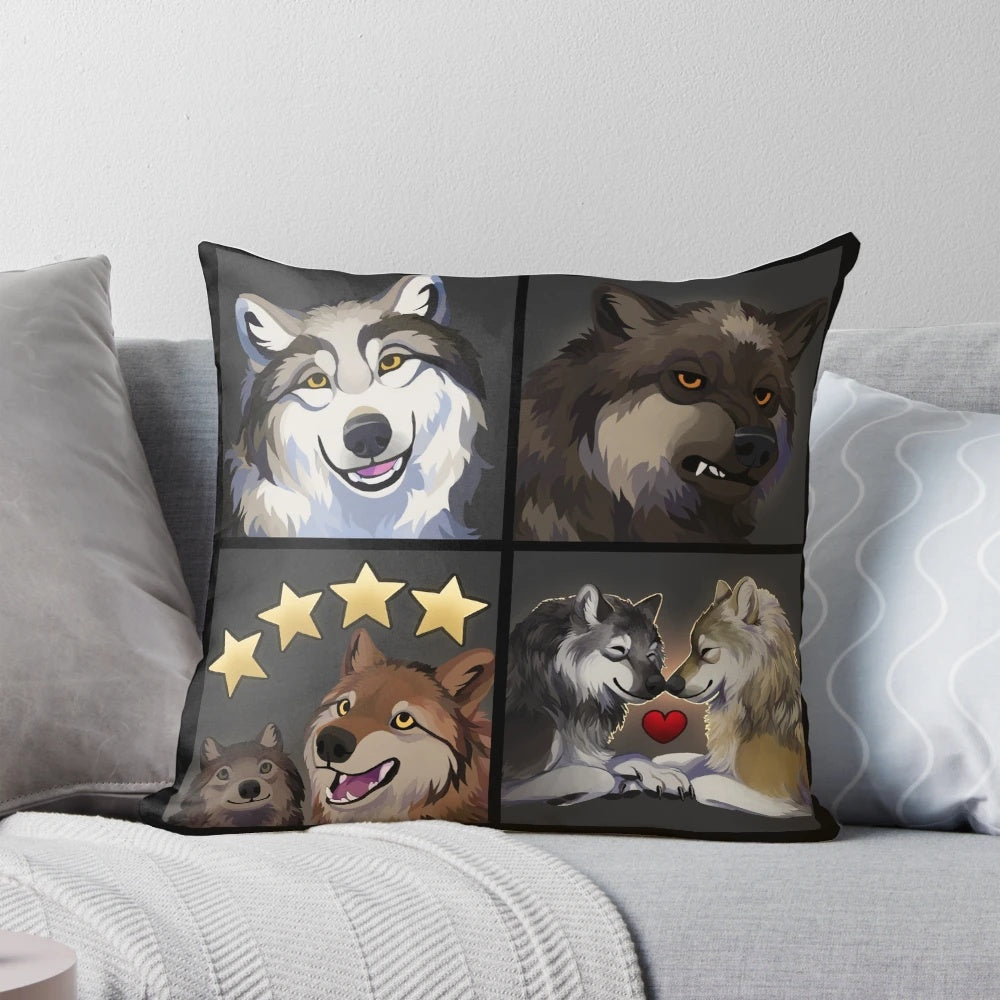 Soft, plush wolf themed pillow with illustrated wolf design
