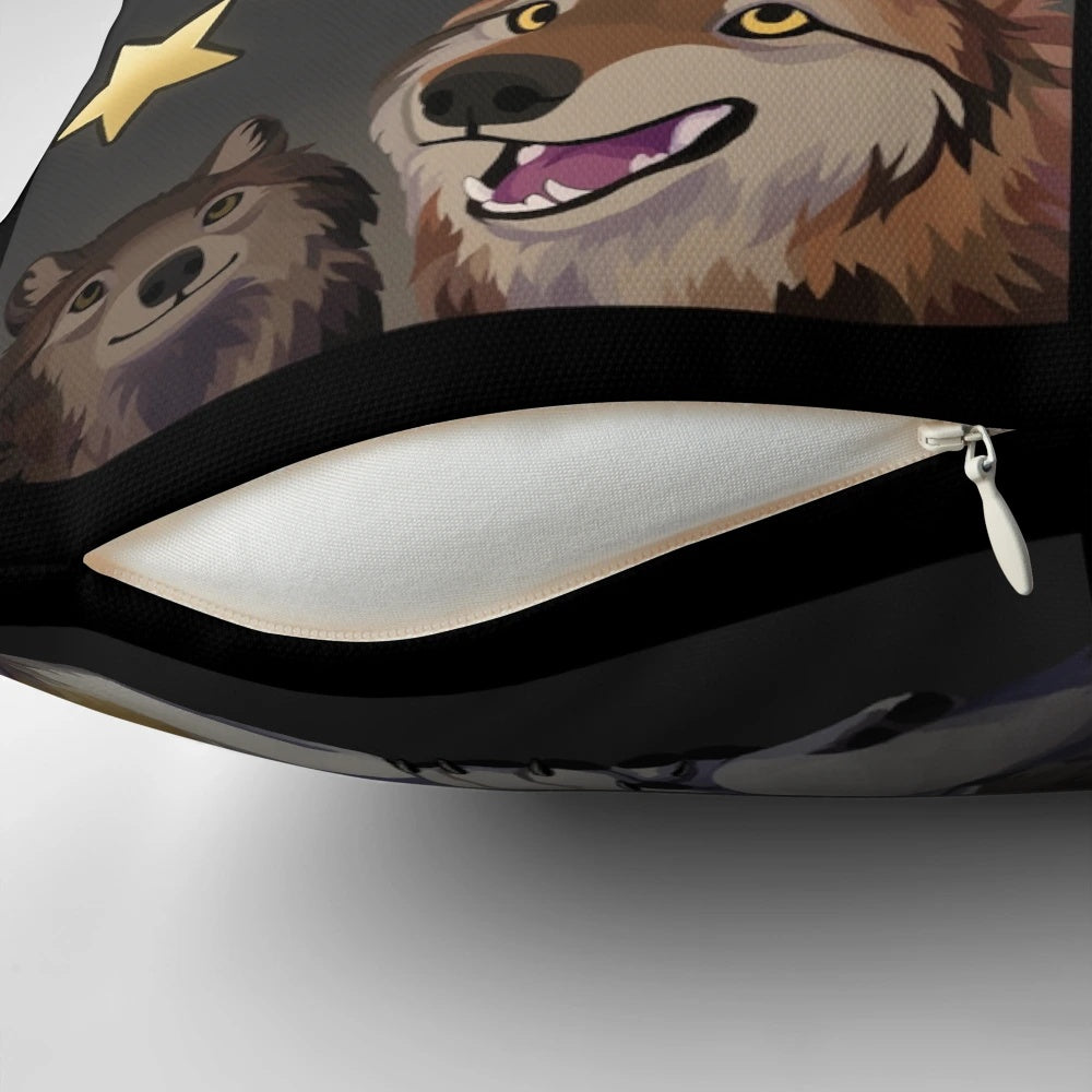 Soft, plush wolf themed pillow with illustrated wolf design