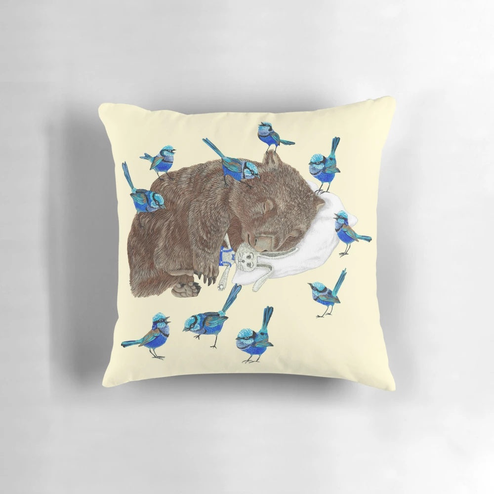 Soft, plush wombat pillow with nature-inspired blue wren and fairy wren design