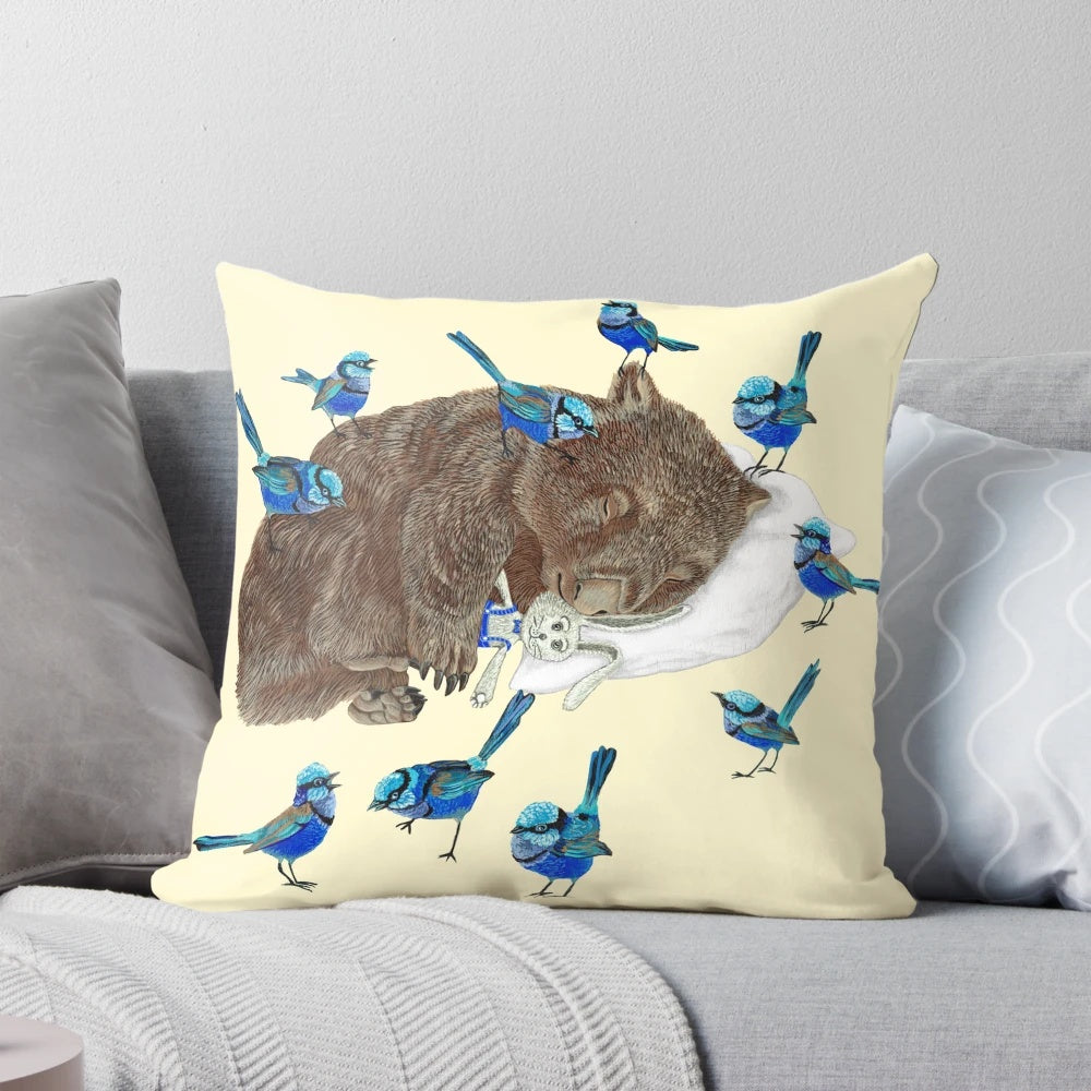 Soft, plush wombat pillow with nature-inspired blue wren and fairy wren design