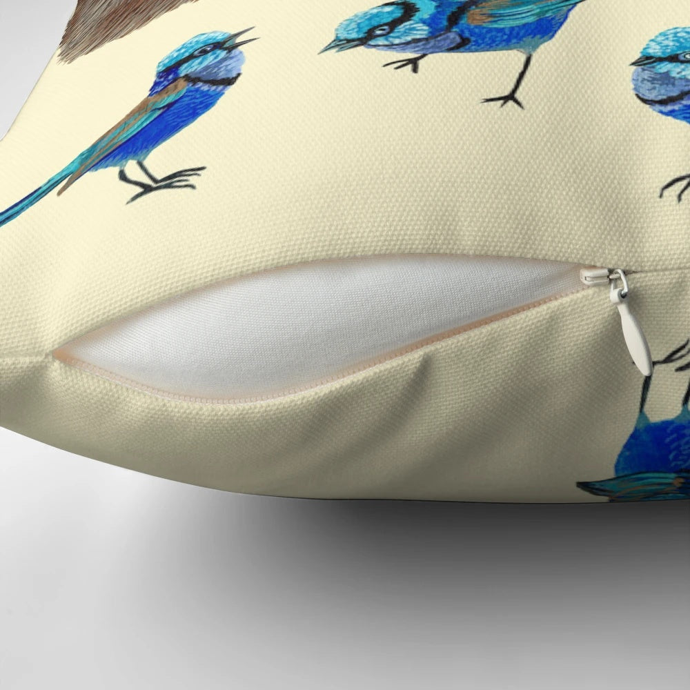 Soft, plush wombat pillow with nature-inspired blue wren and fairy wren design