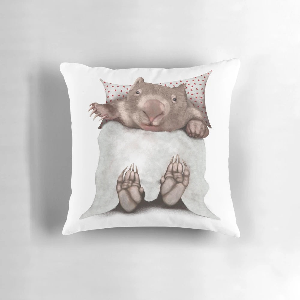 A decorative pillow featuring a charming illustration of a wombat in a black, white, and gray striped pattern.