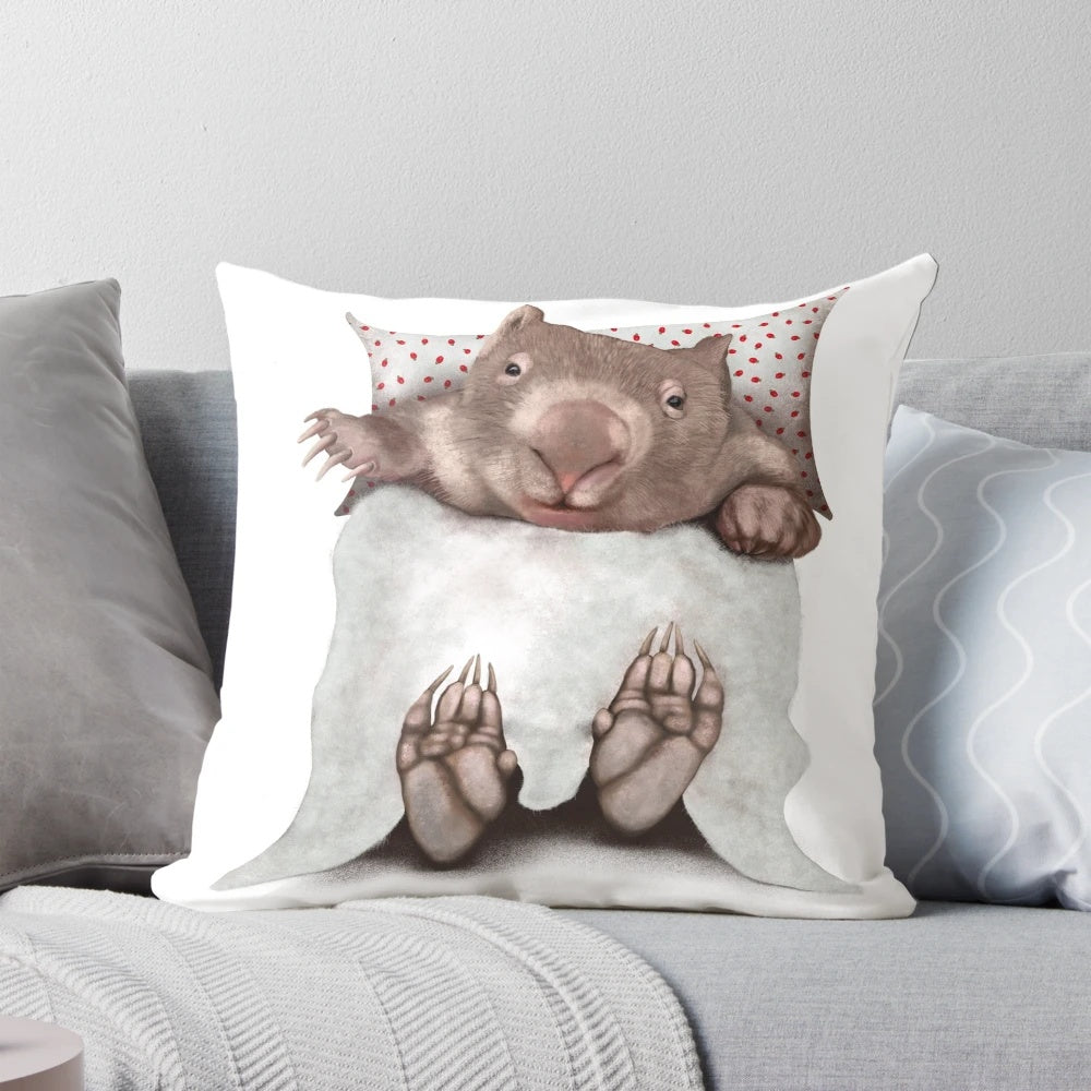 A decorative pillow featuring a charming illustration of a wombat in a black, white, and gray striped pattern.